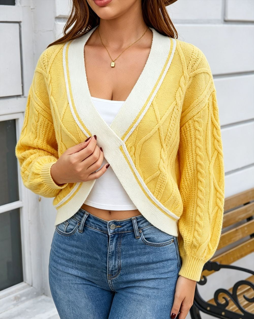 Contrast Crossover Cable Knit Cropped Sweater - Yellow - 1