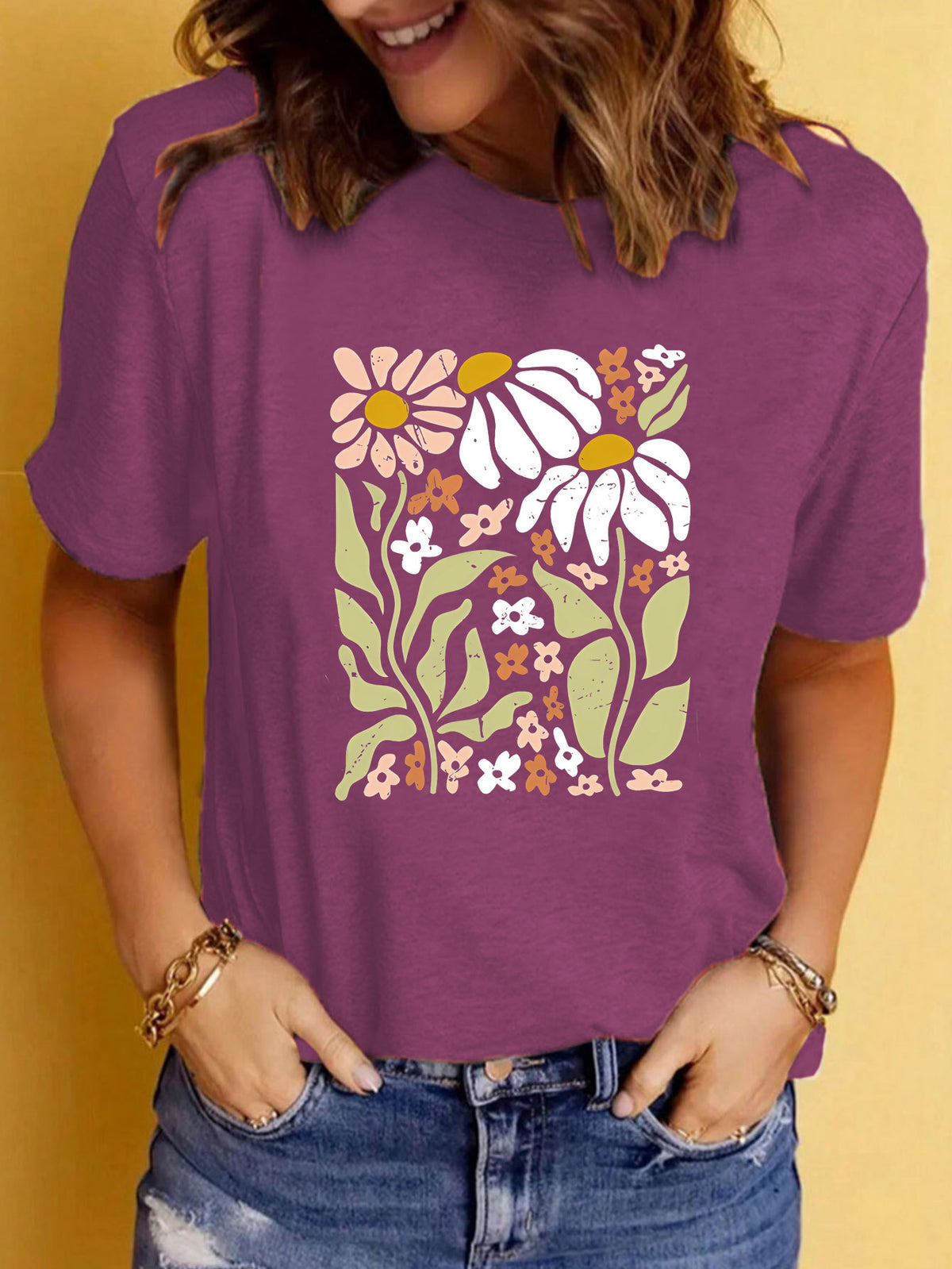 Botanical Daisy Print Relaxed Crewneck Tee - Berry