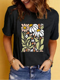 Botanical Daisy Print Relaxed Crewneck Tee - Black