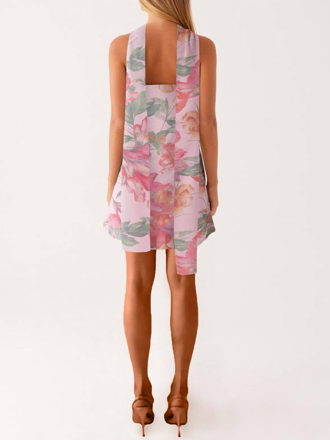 Strapless Chiffon Mini Dress With Scarf Tie - Flower_V - 1