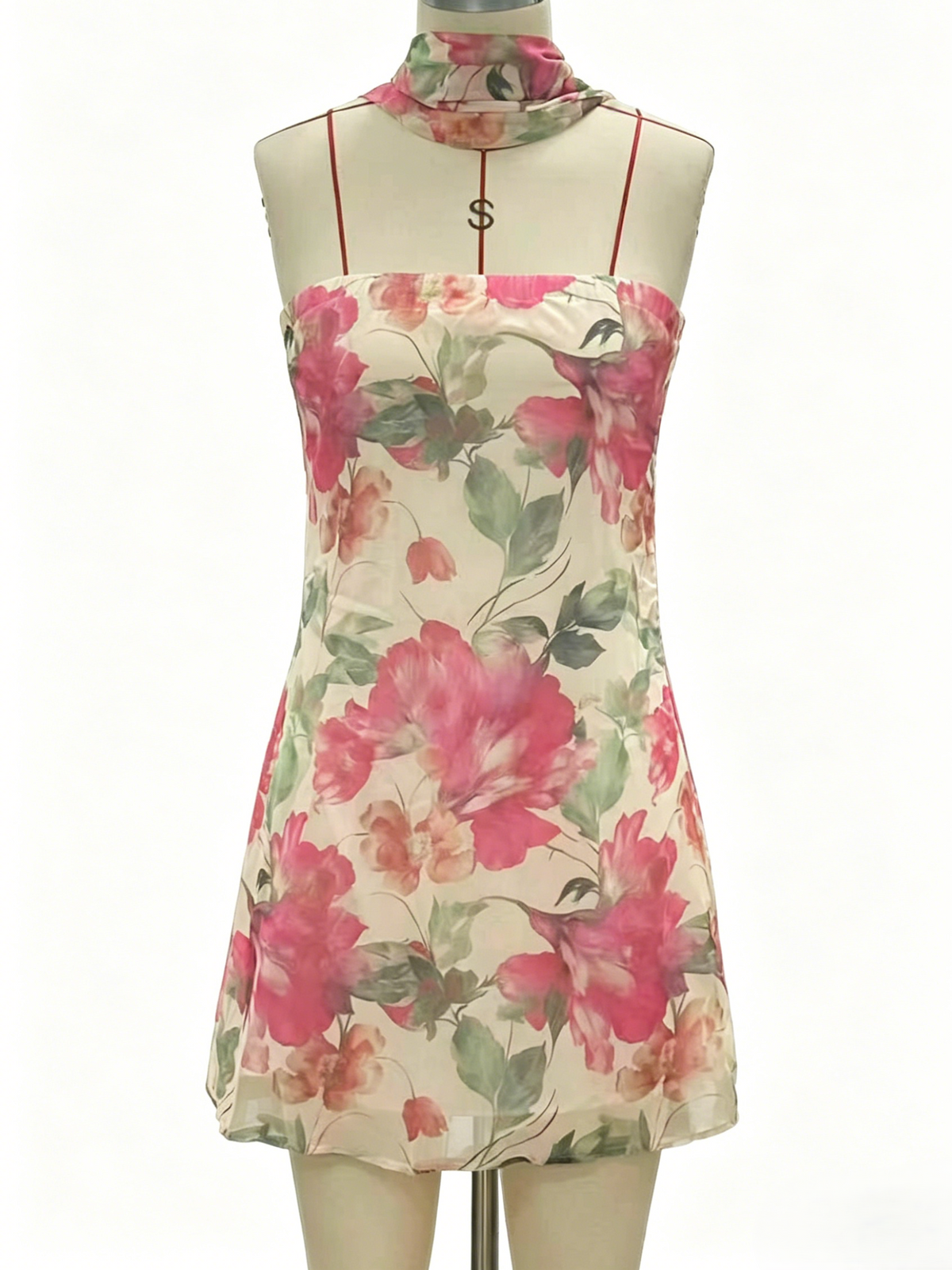 Strapless Chiffon Mini Dress With Scarf Tie - Flower_Y