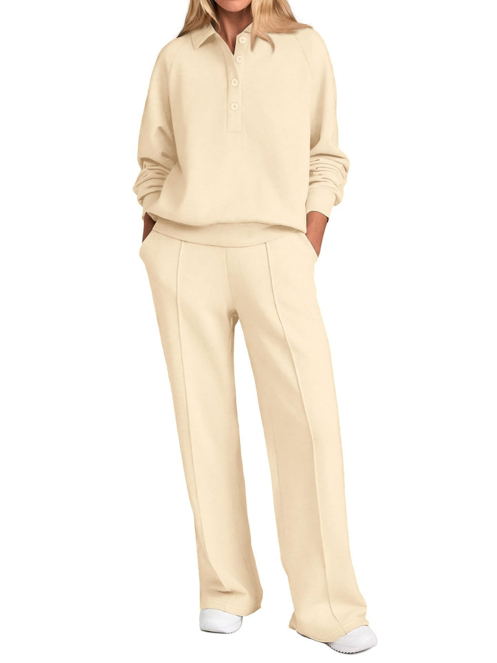 Collared Half Zip Top And Wide Leg Pant Set - Apricot