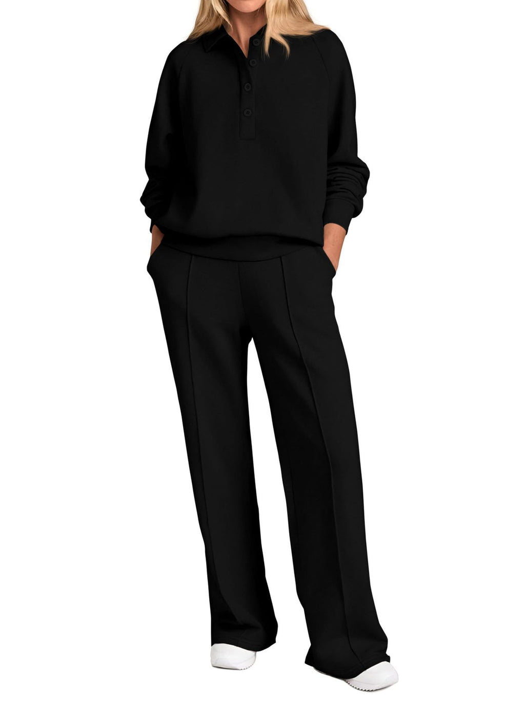 Collared Half Zip Top And Wide Leg Pant Set - Black