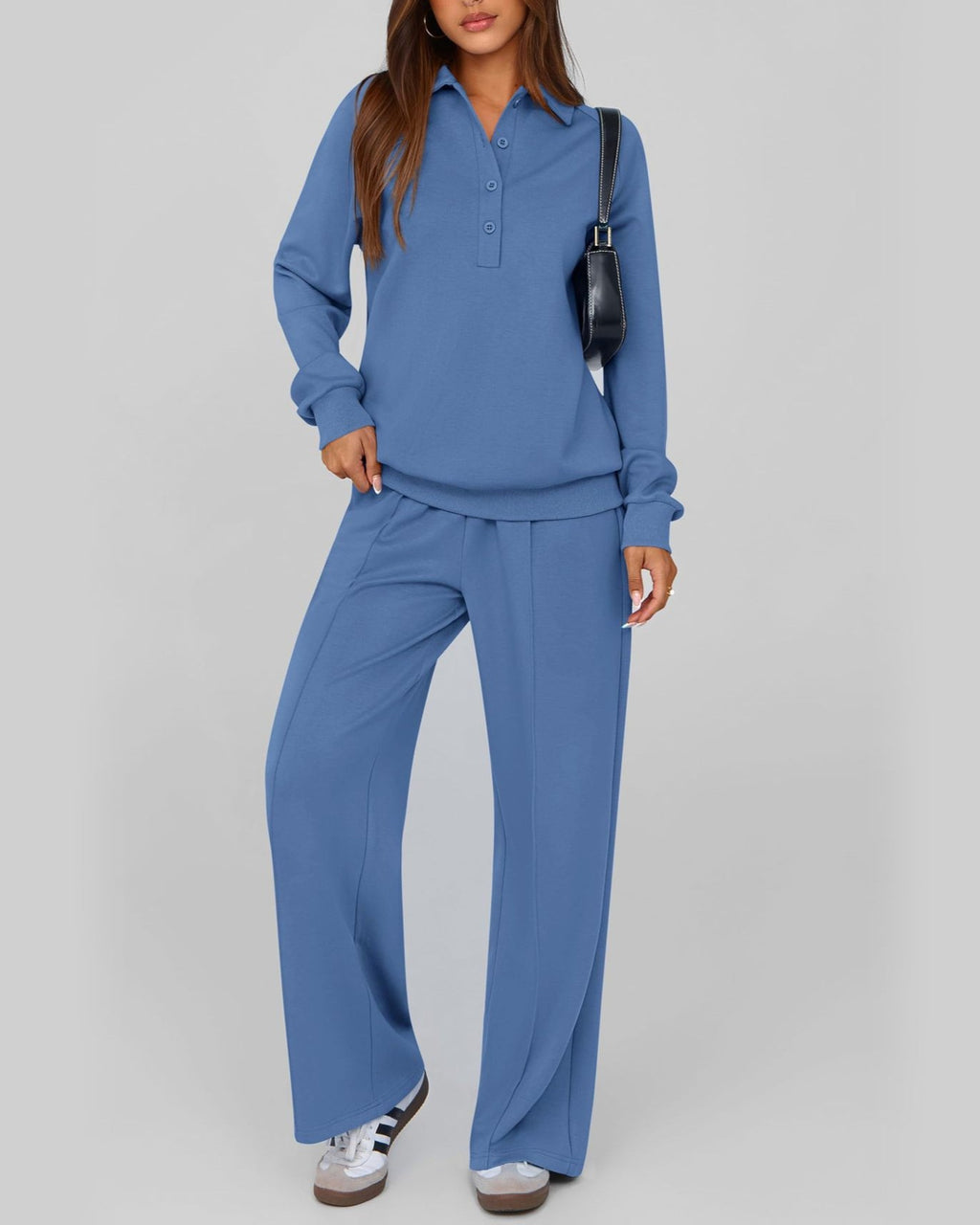 Collared Half Zip Top And Wide Leg Pant Set - Blue