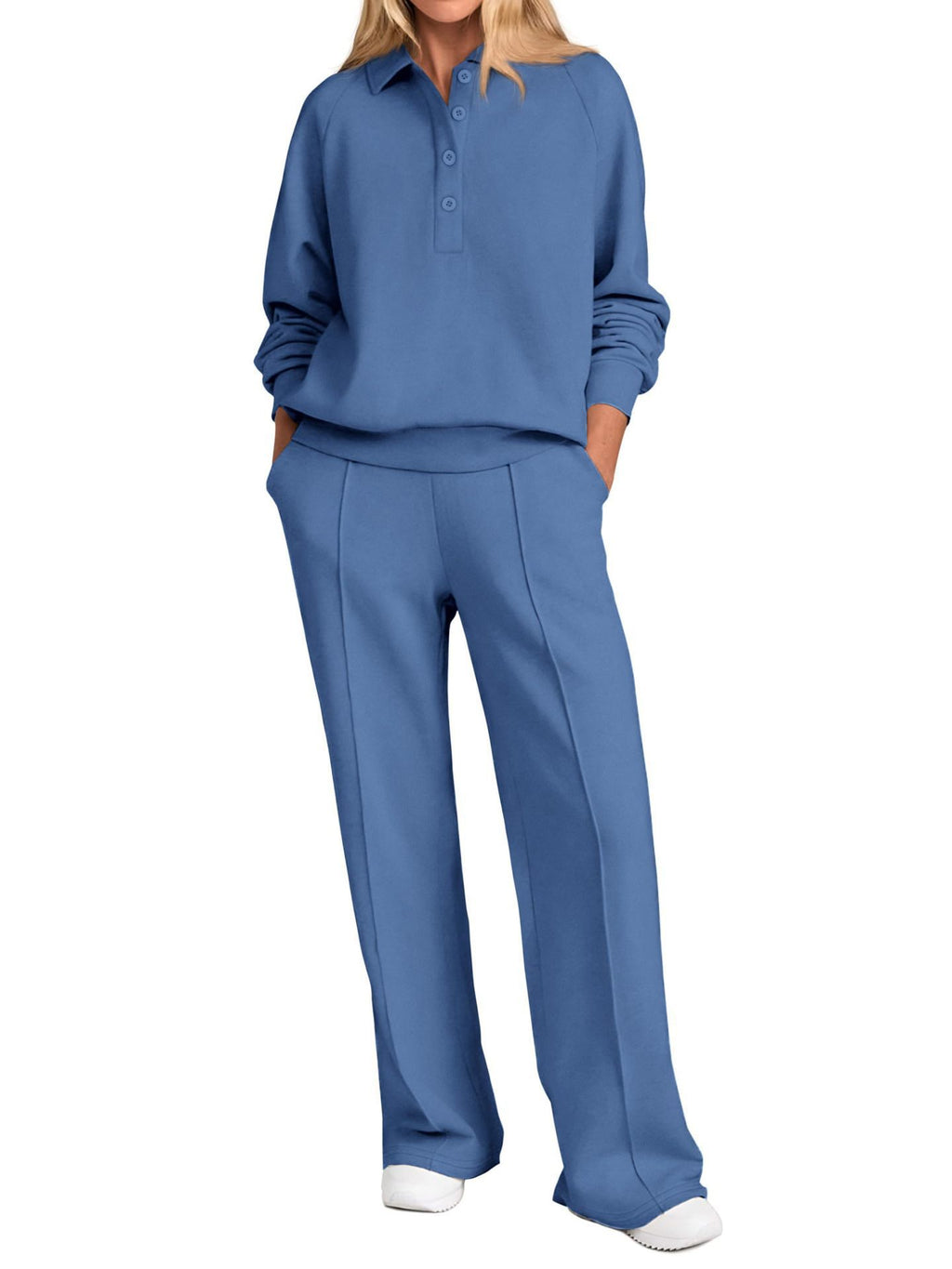 Collared Half Zip Top And Wide Leg Pant Set - Blue - 1