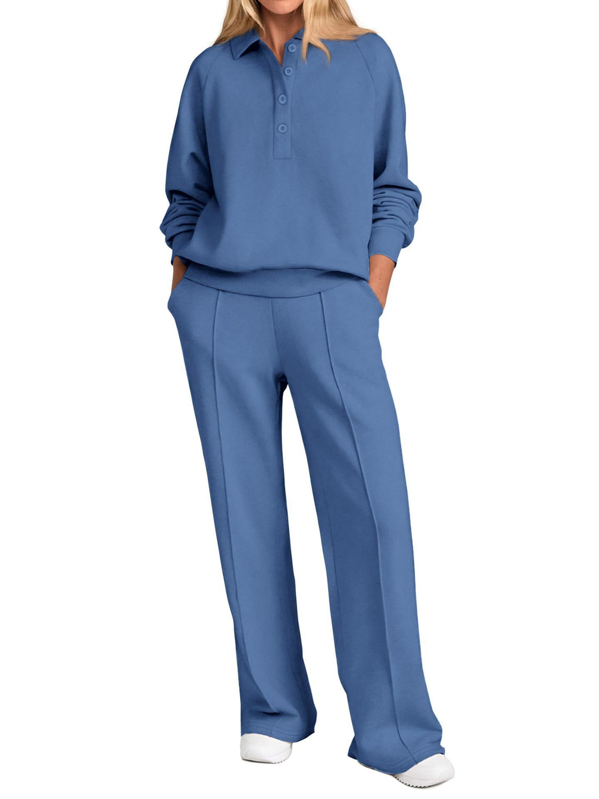 Collared Half Zip Top And Wide Leg Pant Set - Blue - 1