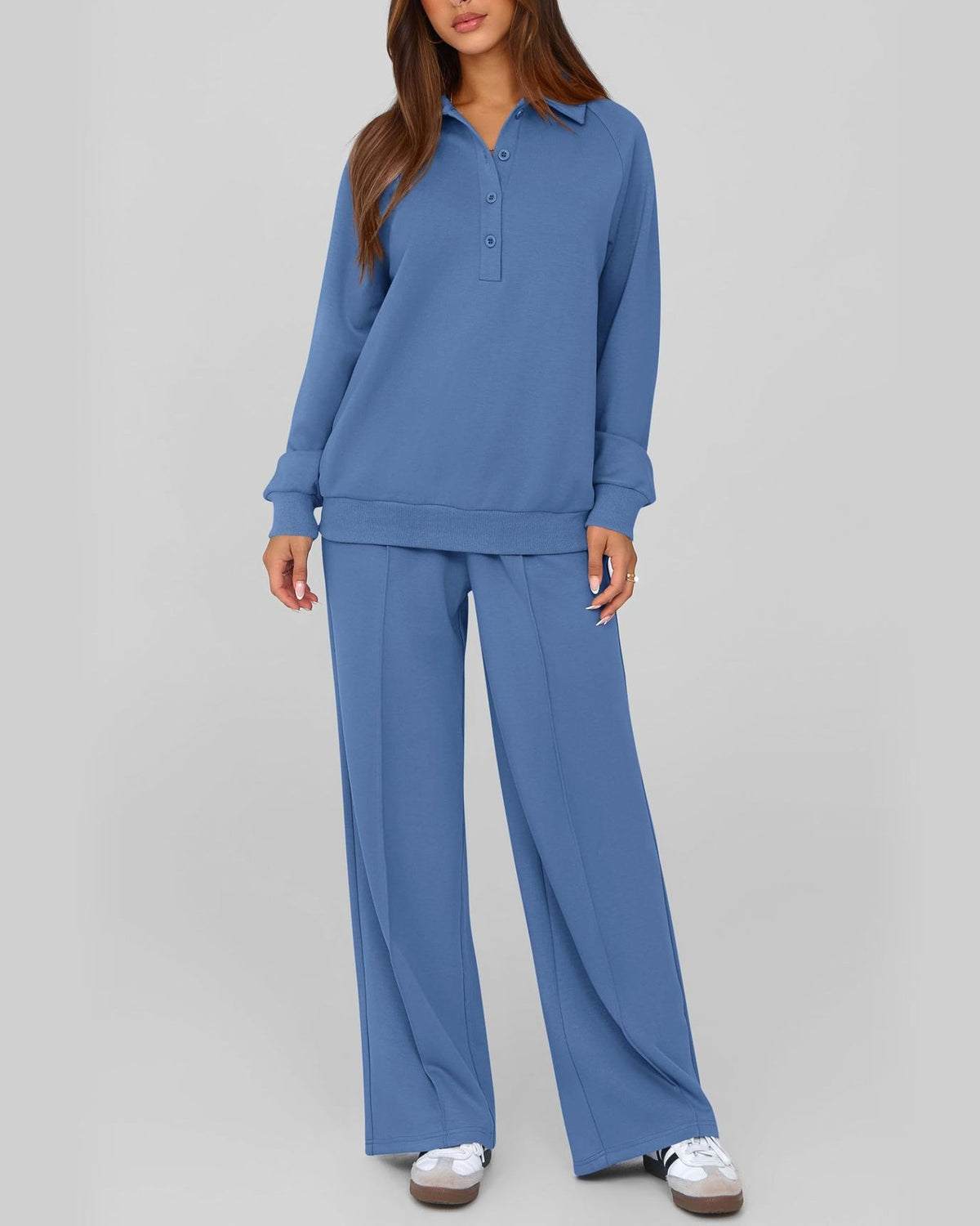 Collared Half Zip Top And Wide Leg Pant Set - Blue - 2