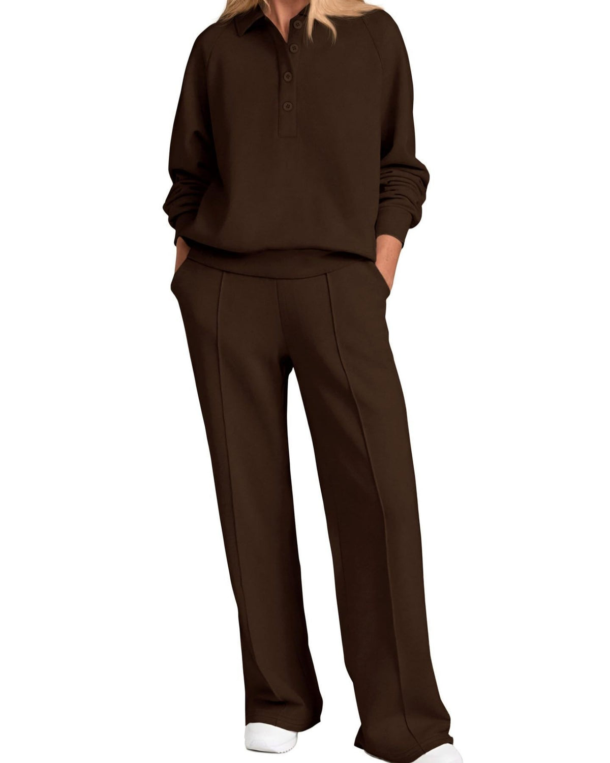 Collared Half Zip Top And Wide Leg Pant Set - Dark-Brown