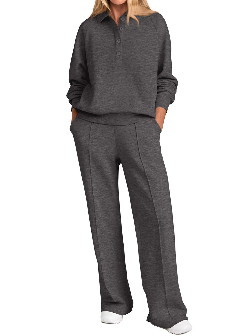 Collared Half Zip Top And Wide Leg Pant Set - Dark-Gray