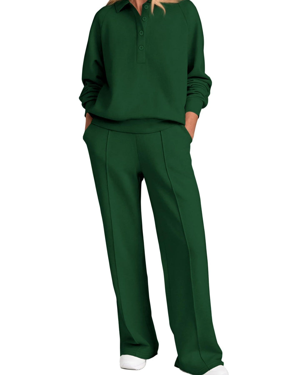 Collared Half Zip Top And Wide Leg Pant Set - Dark-Green