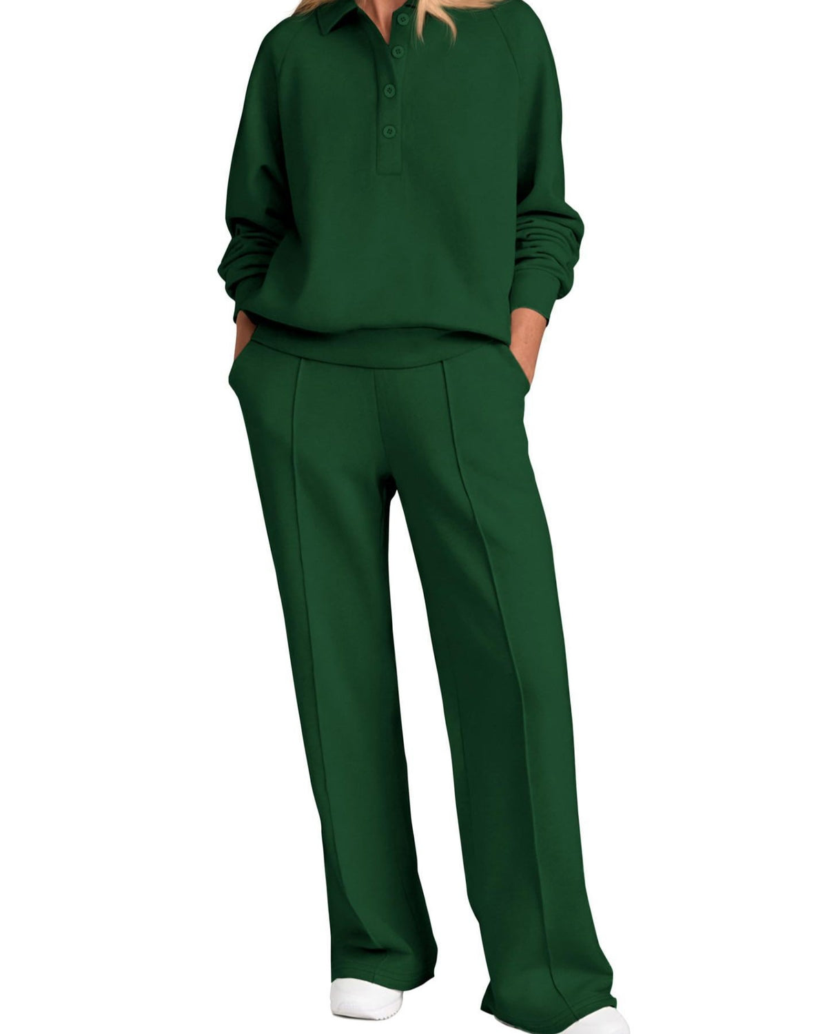 Collared Half Zip Top And Wide Leg Pant Set - Dark-Green