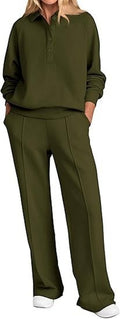 Collared Half Zip Top And Wide Leg Pant Set - Green