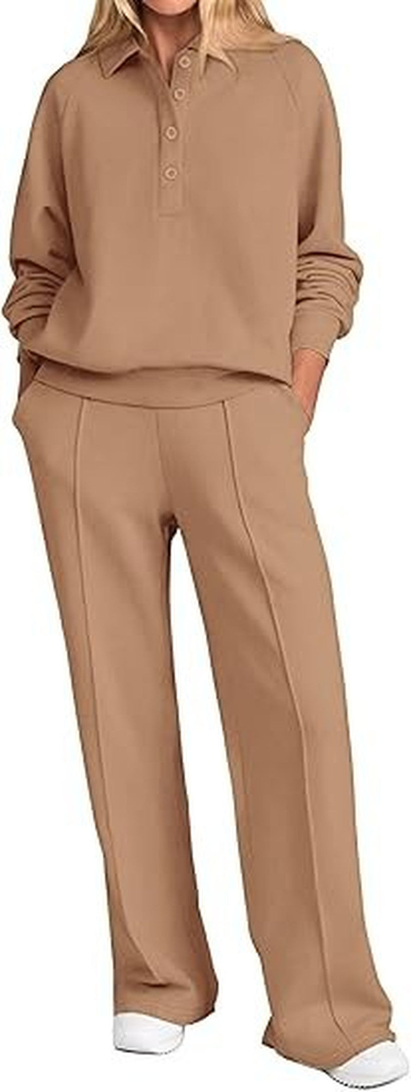 Collared Half Zip Top And Wide Leg Pant Set - Khaki