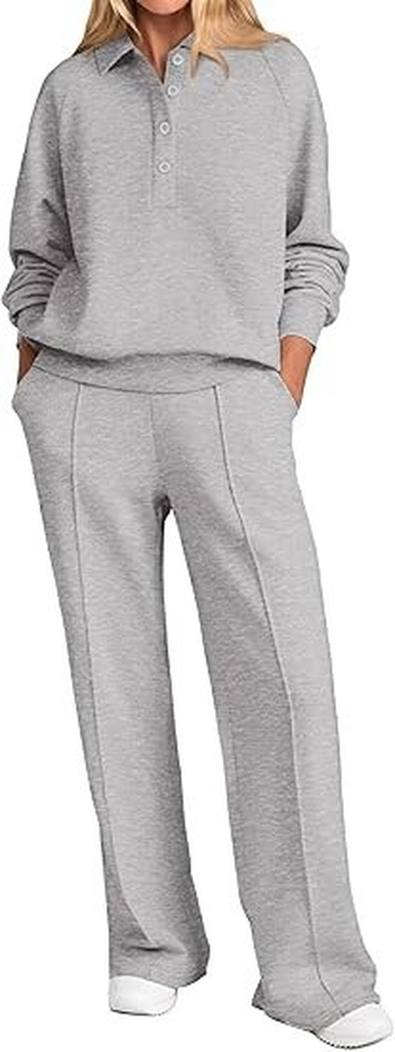 Collared Half Zip Top And Wide Leg Pant Set - Light-Gray