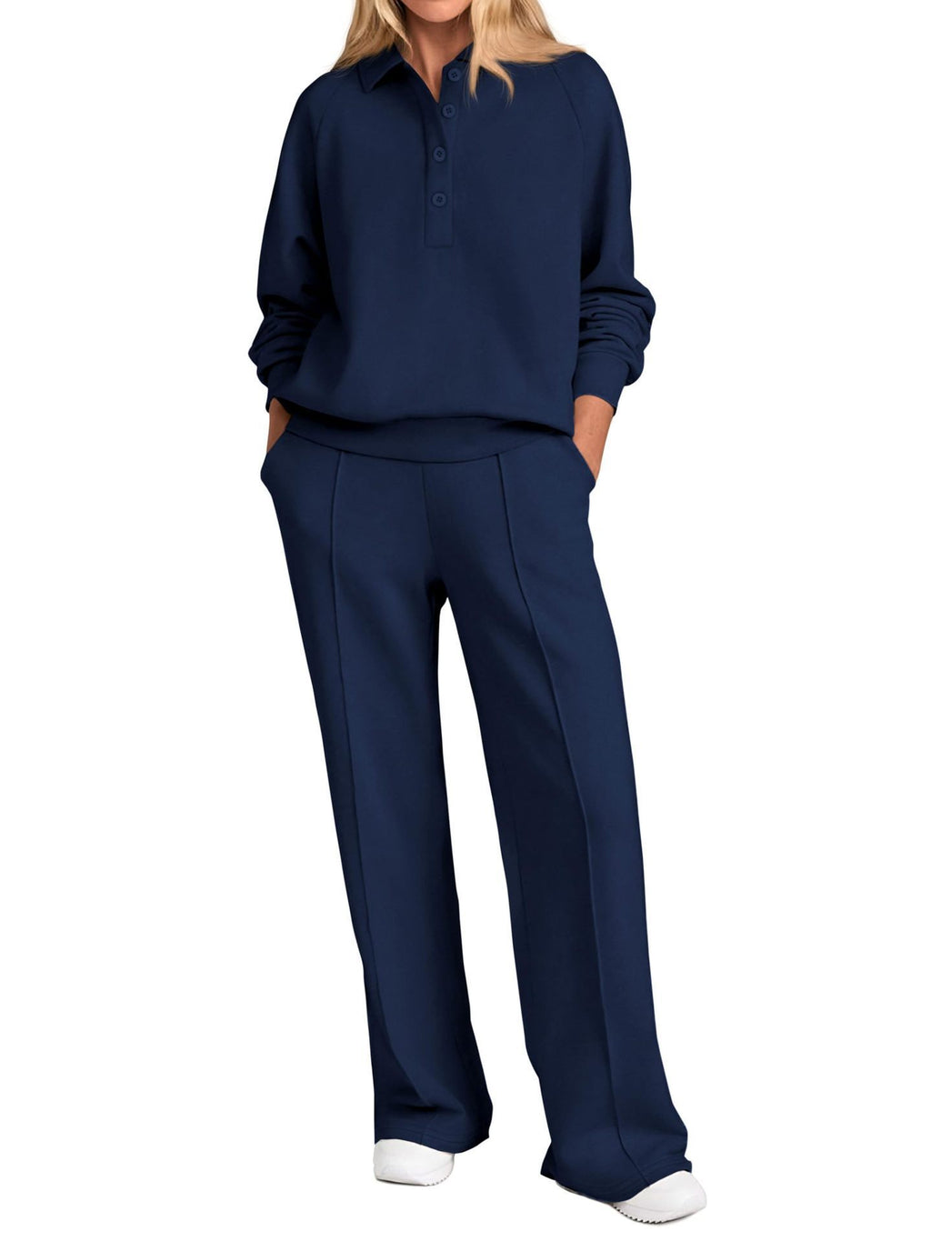 Collared Half Zip Top And Wide Leg Pant Set - Navy-Blue