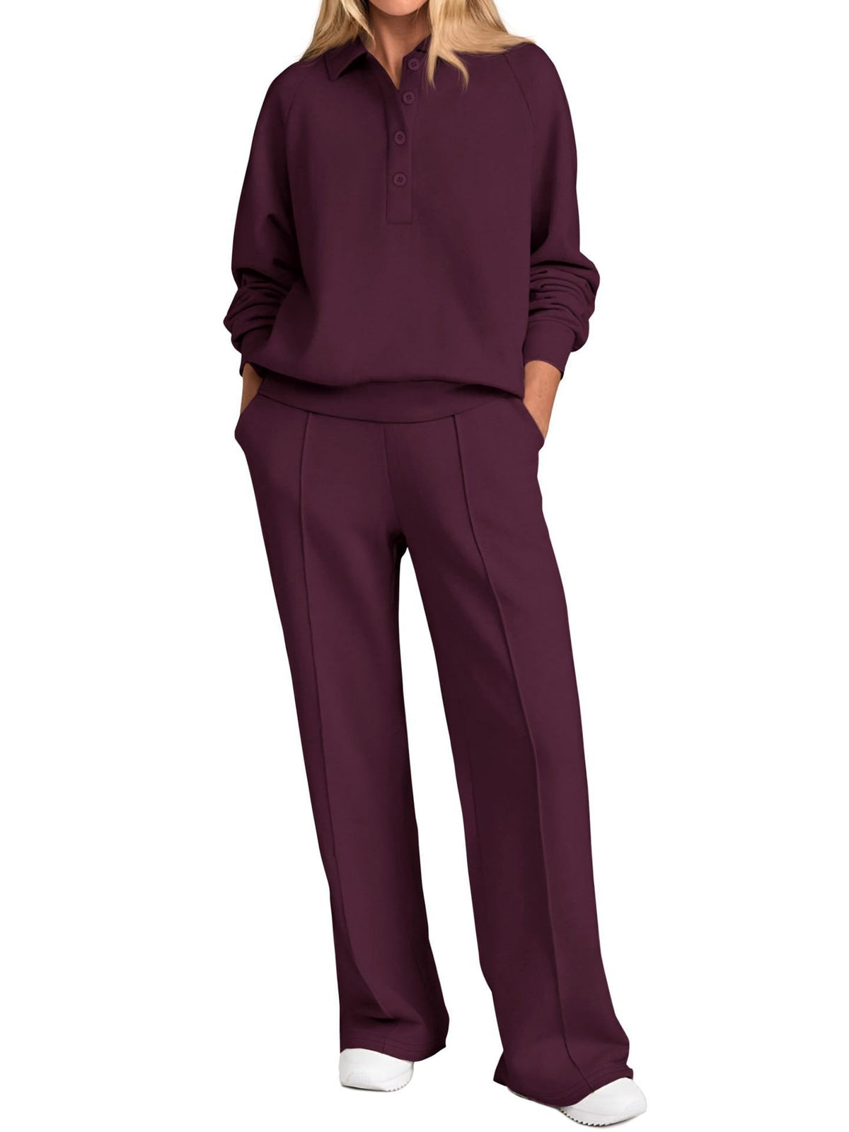 Collared Half Zip Top And Wide Leg Pant Set - Purple