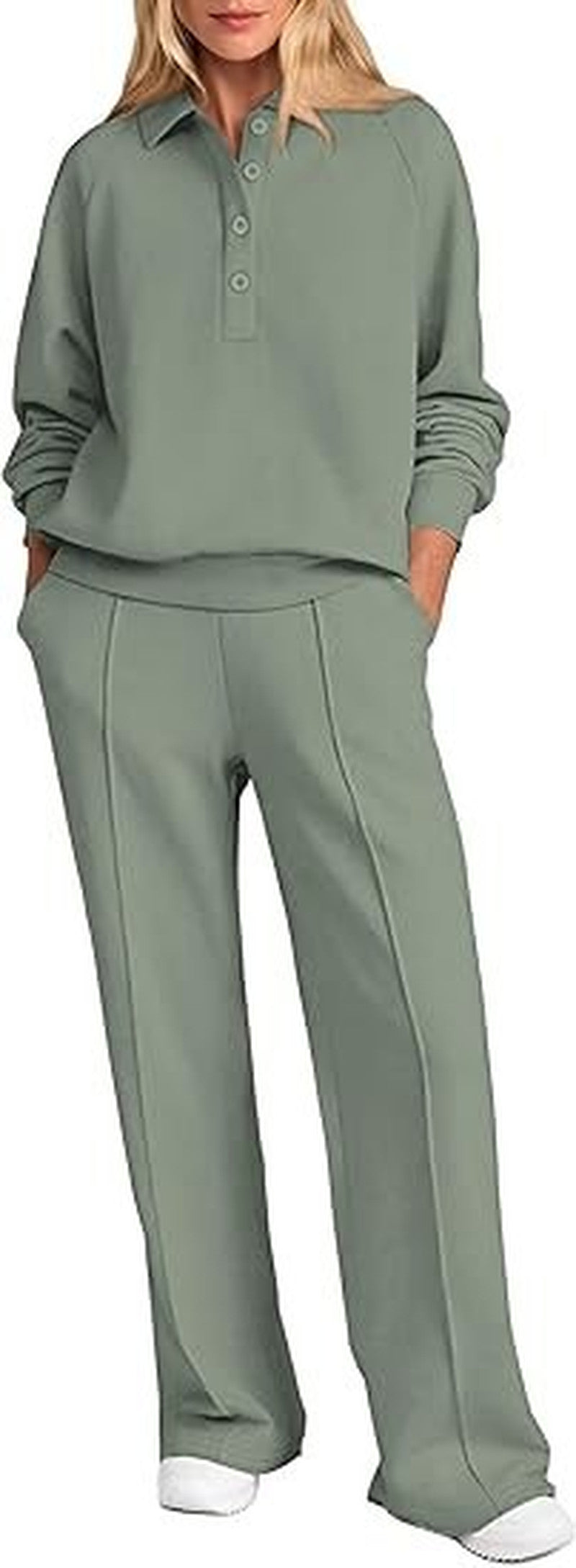 Collared Half Zip Top And Wide Leg Pant Set - Sea-Blue