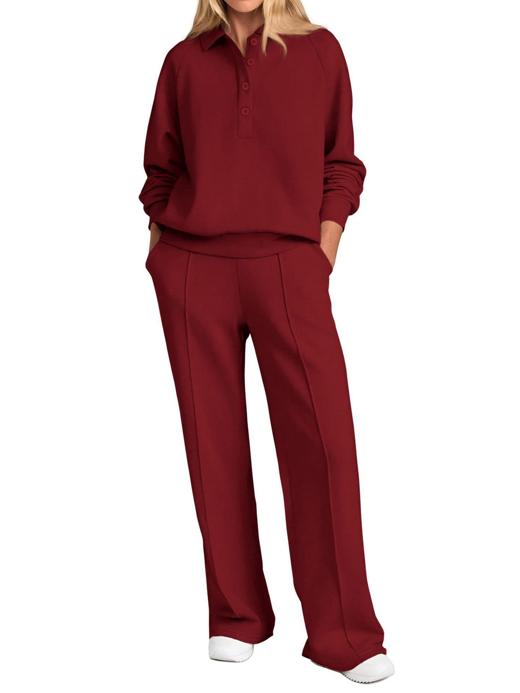 Collared Half Zip Top And Wide Leg Pant Set - Wine-Red