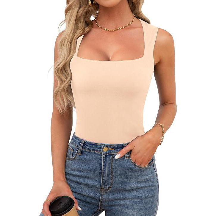 Square Neckline Slim Fit Tank Top - Apricot