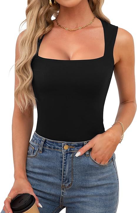 Square Neckline Slim Fit Tank Top - Black - 1