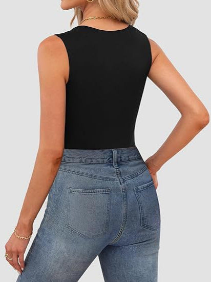 Square Neckline Slim Fit Tank Top - Black - 2