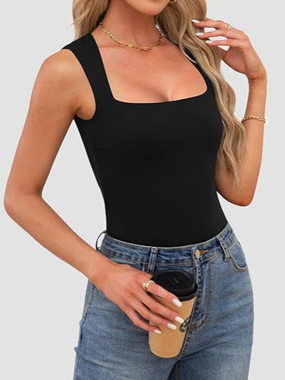Square Neckline Slim Fit Tank Top - Black - 3