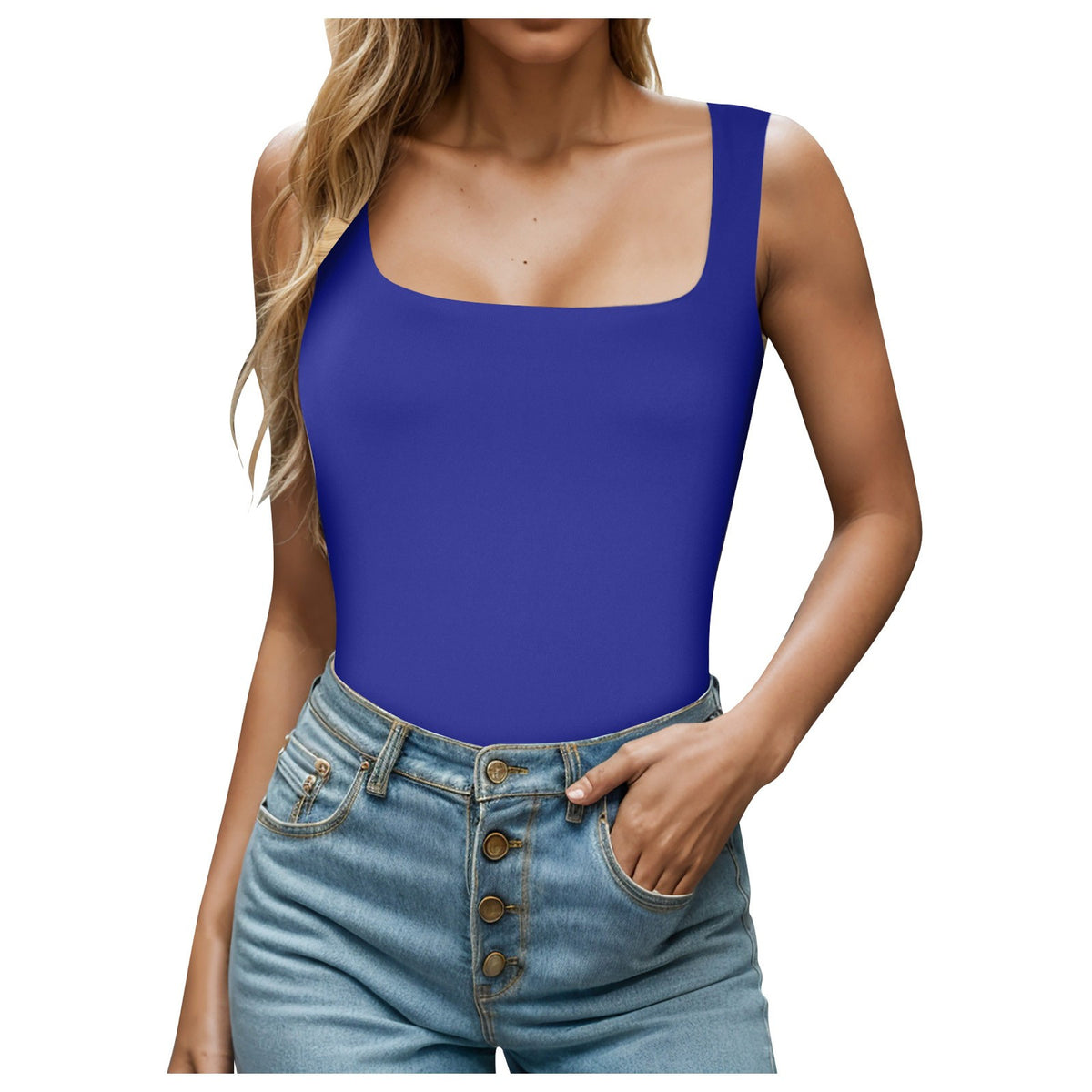 Square Neckline Slim Fit Tank Top - Blue