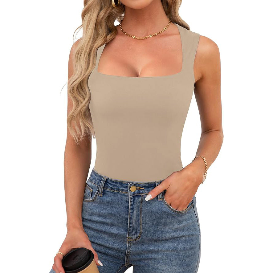 Square Neckline Slim Fit Tank Top - Camel