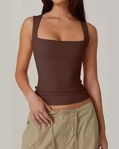 Square Neckline Slim Fit Tank Top - Chestnut
