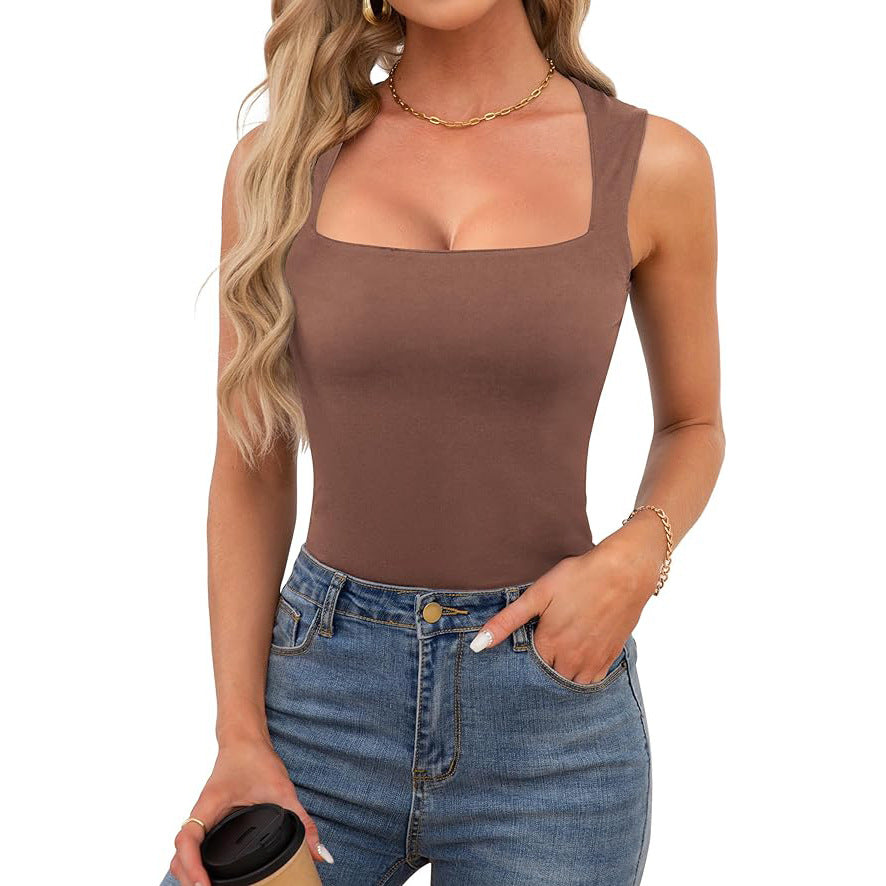 Square Neckline Slim Fit Tank Top - Coffee