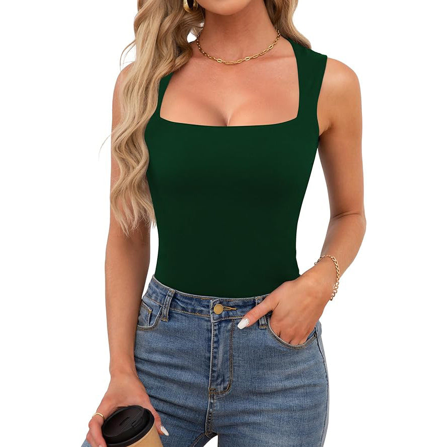 Square Neckline Slim Fit Tank Top - DkGreen