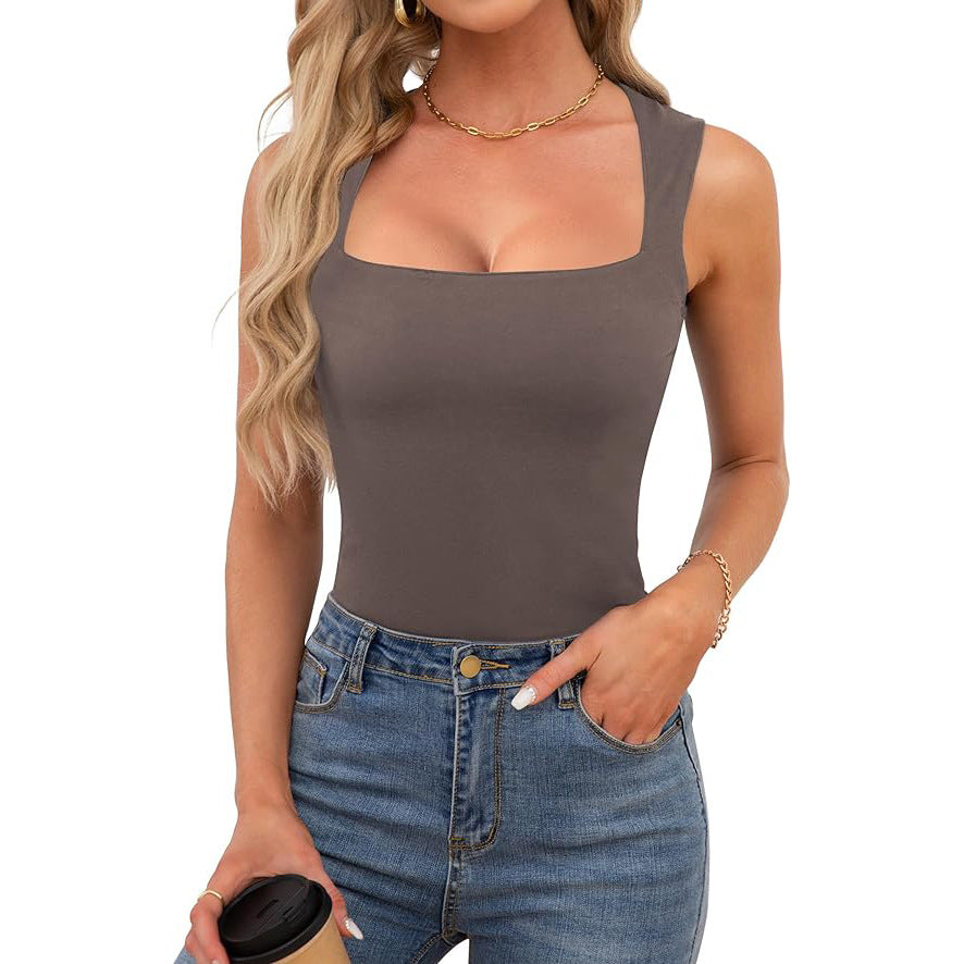 Square Neckline Slim Fit Tank Top - Grey