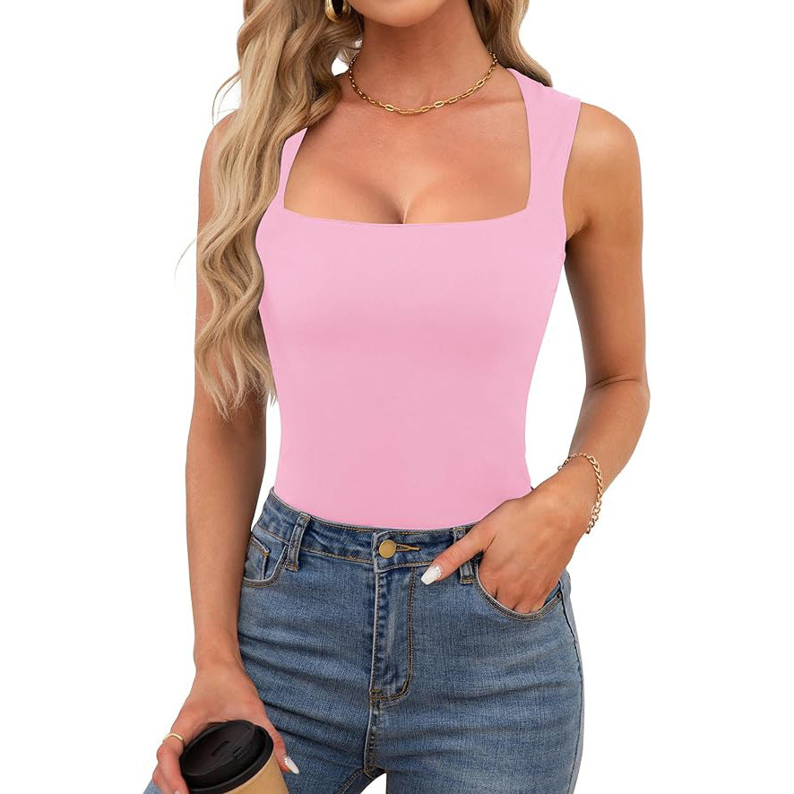 Square Neckline Slim Fit Tank Top - Pink