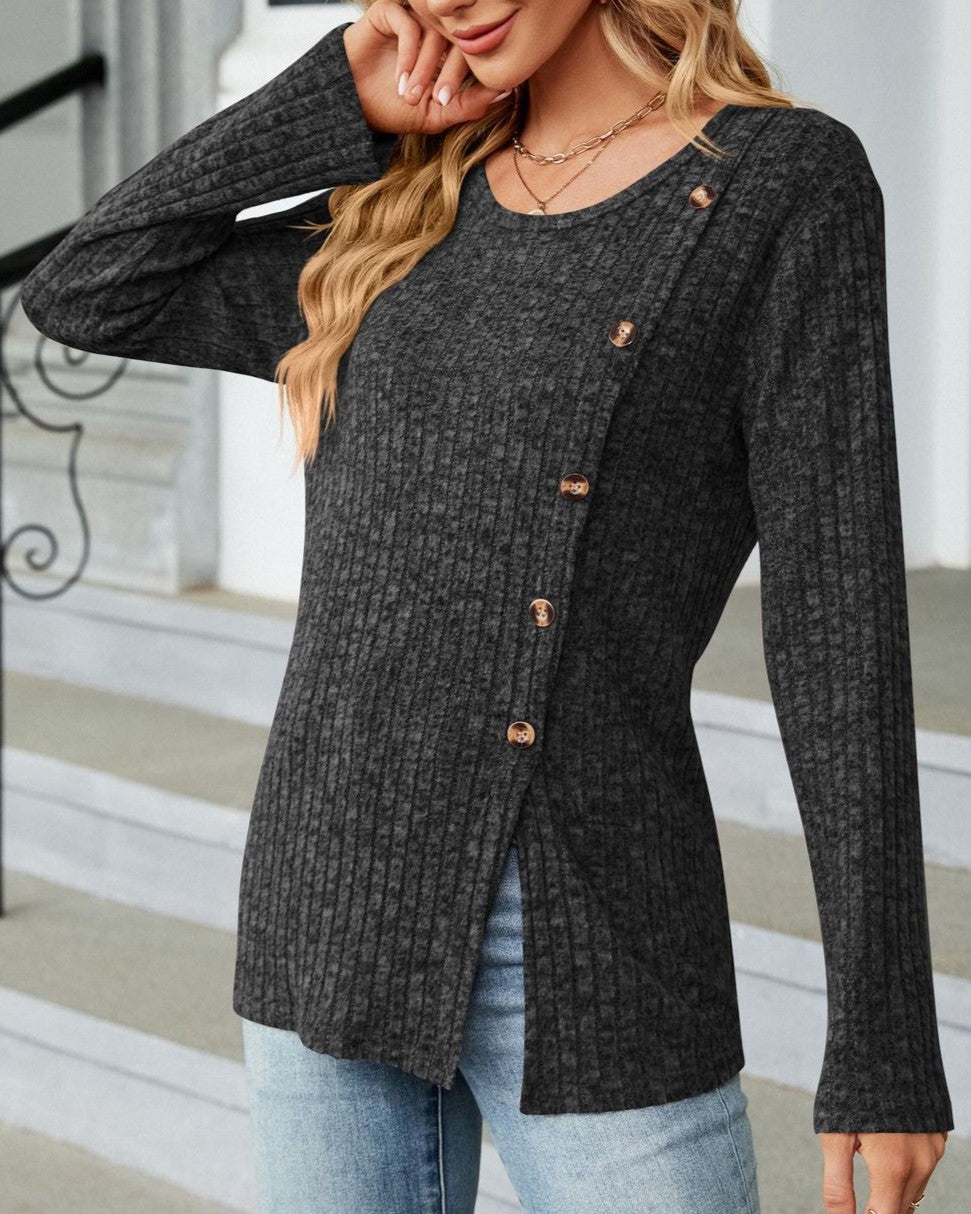 Asymmetric Button Ribbed Knit Tunic Top - Black