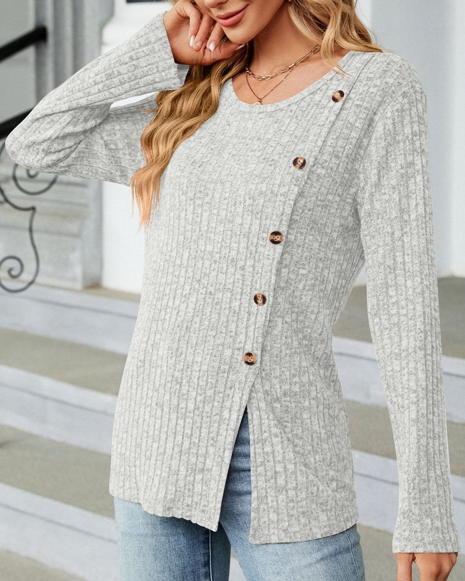 Asymmetric Button Ribbed Knit Tunic Top - Grey