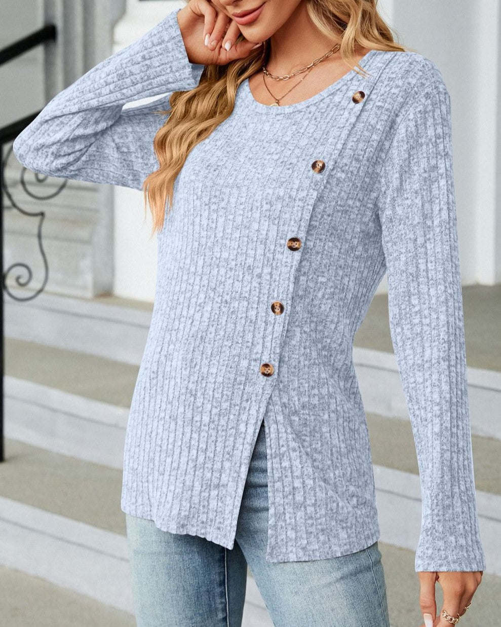 Asymmetric Button Ribbed Knit Tunic Top - Light_blue