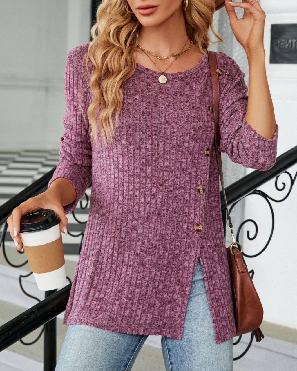 Asymmetric Button Ribbed Knit Tunic Top - purple