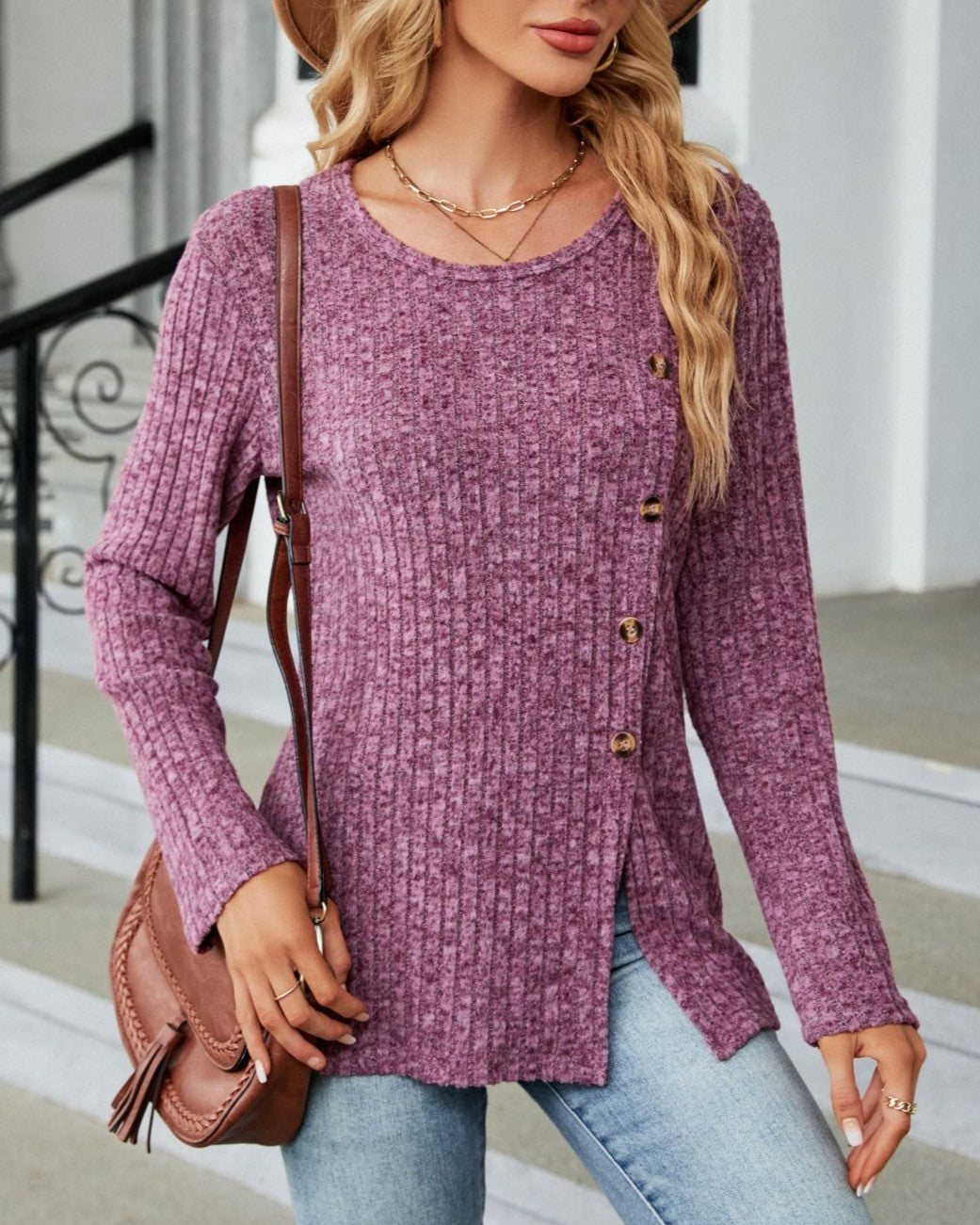 Asymmetric Button Ribbed Knit Tunic Top - purple - 7