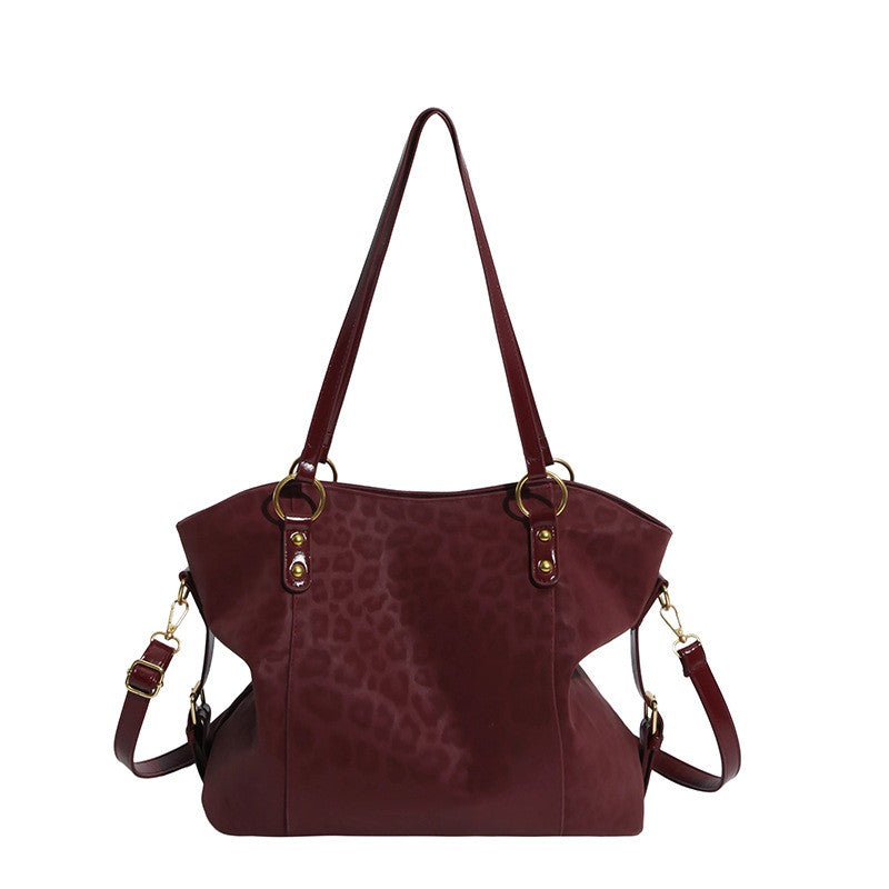 Leopard Embossed Faux Suede Tote Bag - Burgundy