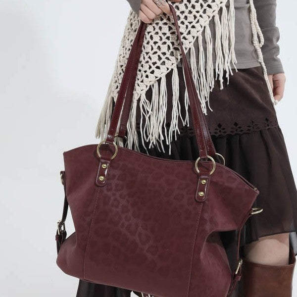 Leopard Embossed Faux Suede Tote Bag