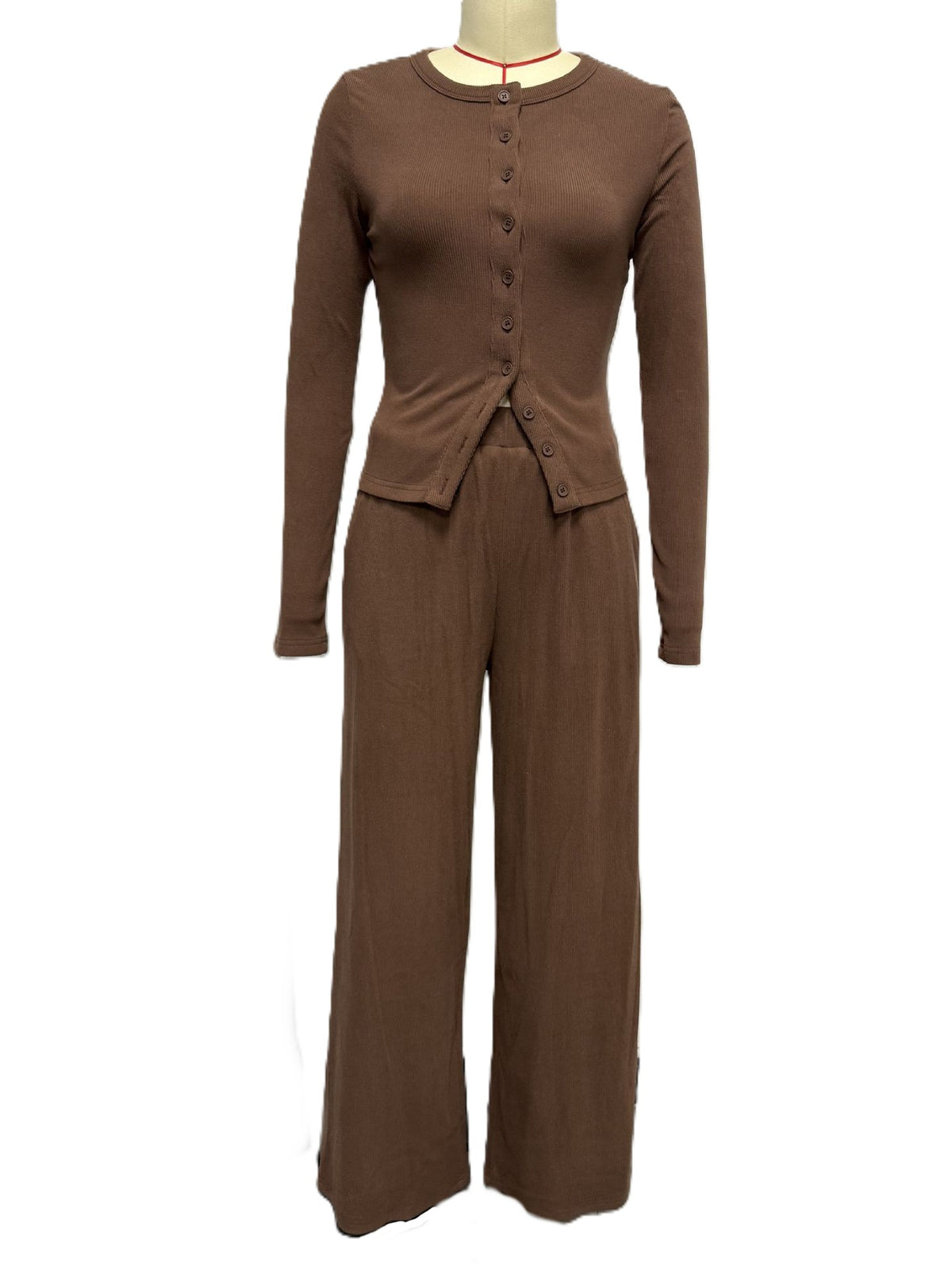Ribbed Button Cardigan Top and Pants Set - Coffee