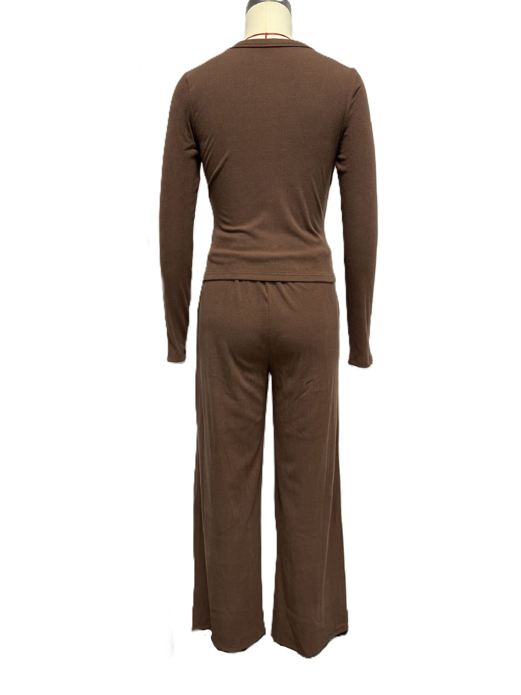 Ribbed Button Cardigan Top and Pants Set - Coffee - 1