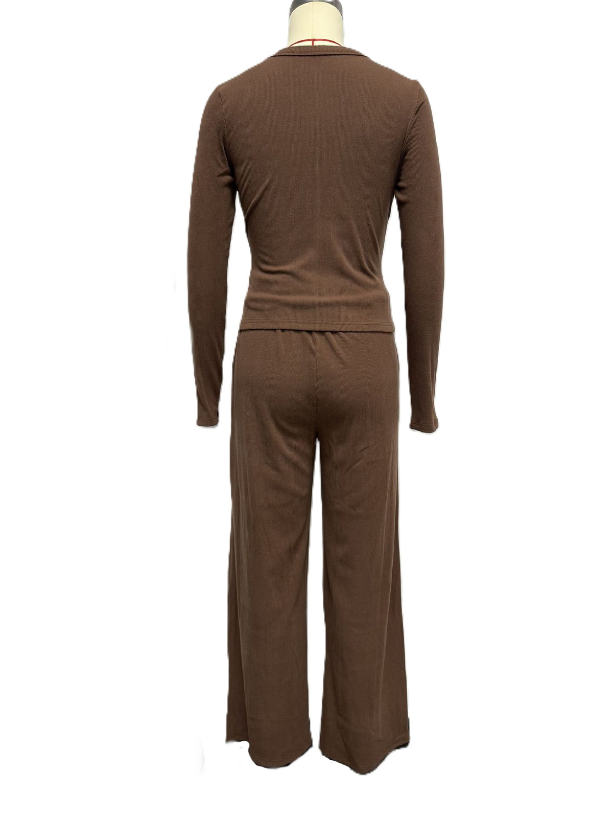 Ribbed Button Cardigan Top and Pants Set - Coffee - 1