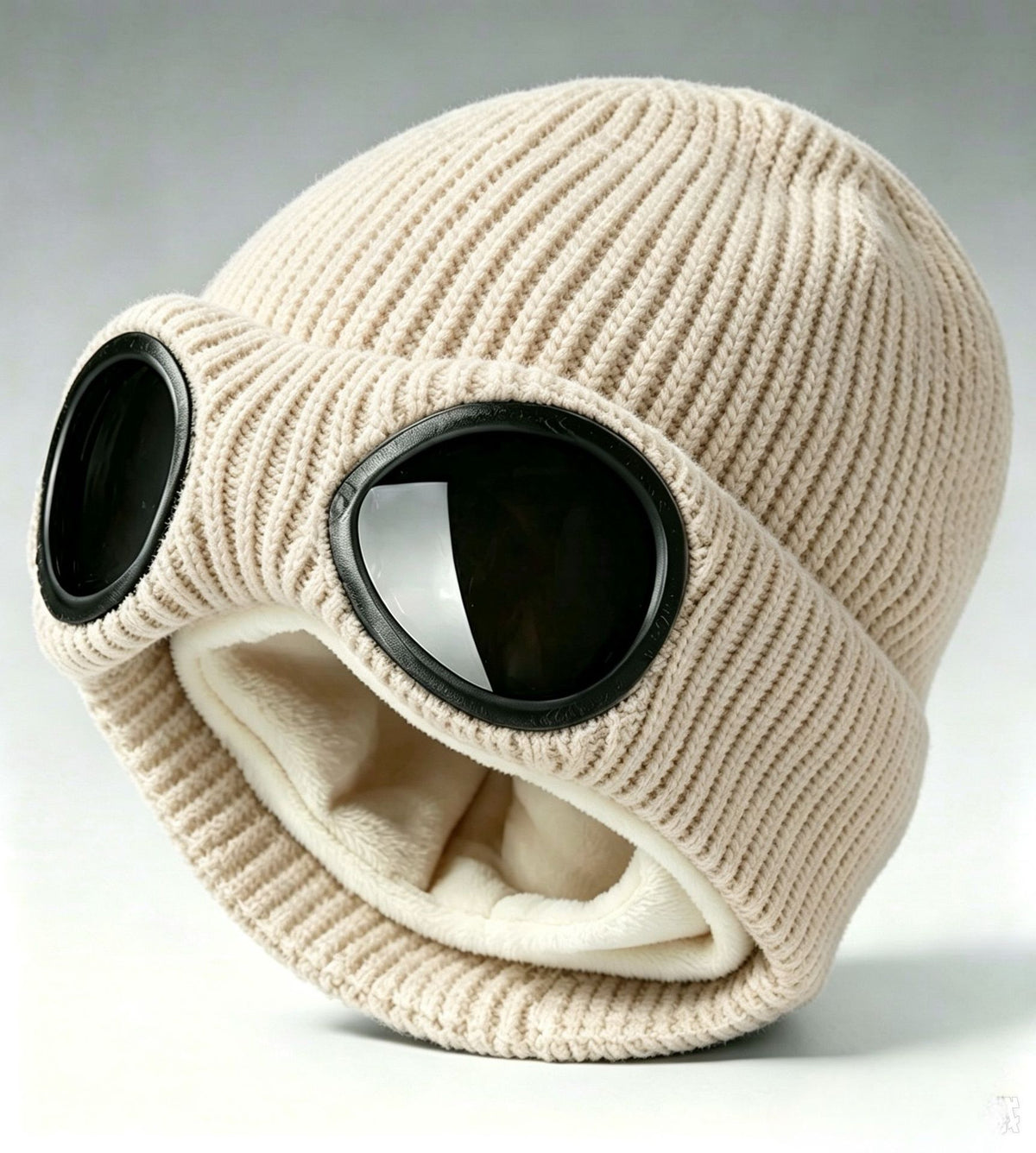 Ribbed Knit Goggle Beanie with Plush Lining - Beige