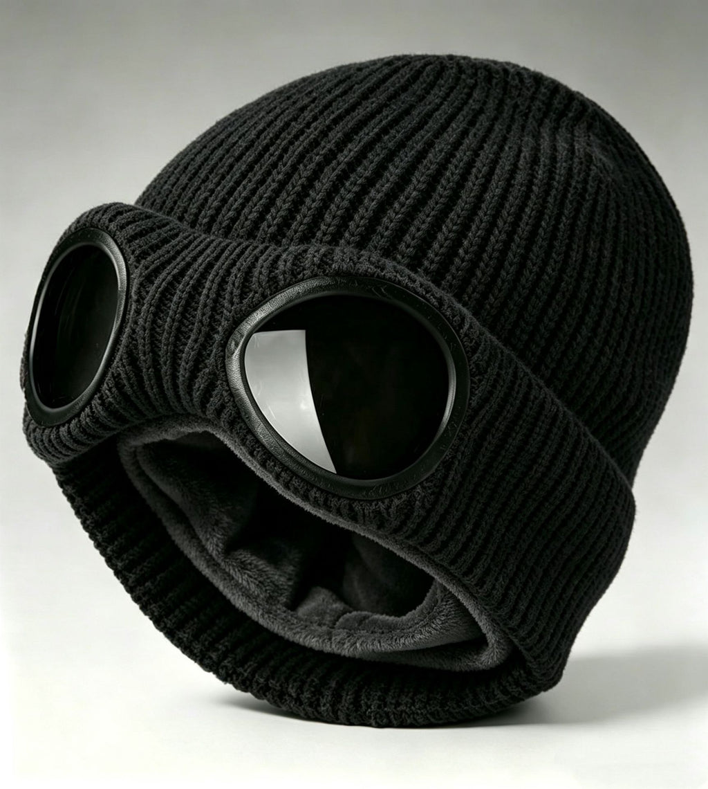 Ribbed Knit Goggle Beanie with Plush Lining - Black