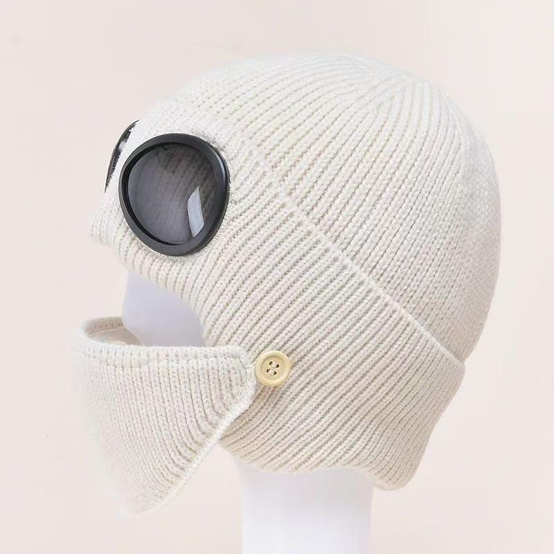 Ribbed Knit Goggle Beanie with Plush Lining - CBeige