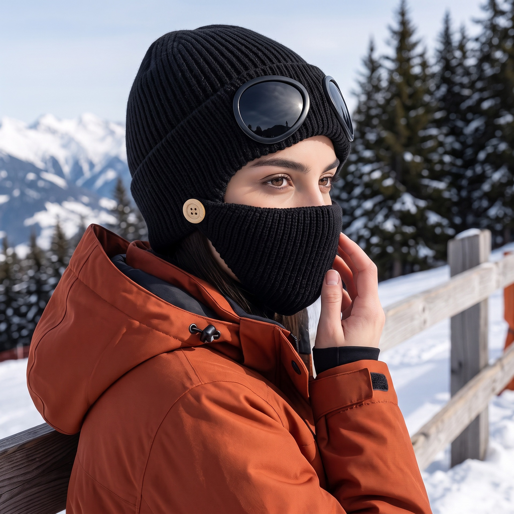 Ribbed Knit Goggle Beanie with Plush Lining - CBlack - 1