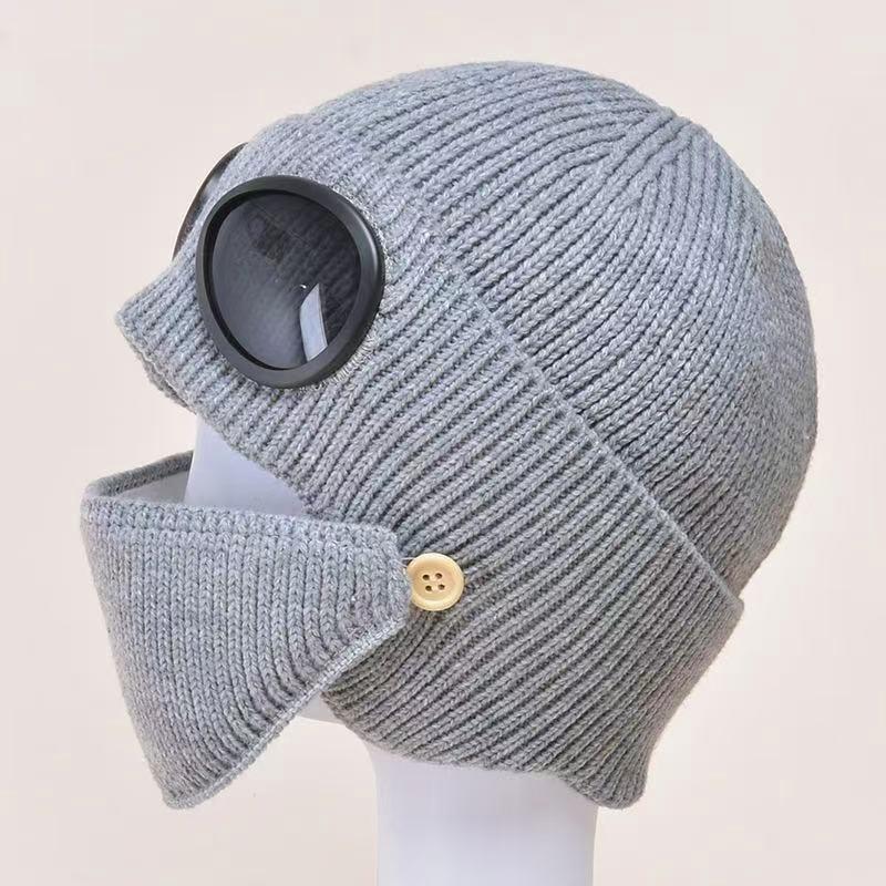 Ribbed Knit Goggle Beanie with Plush Lining - CGrey