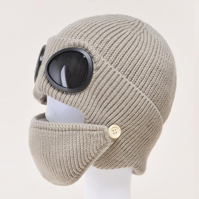 Ribbed Knit Goggle Beanie with Plush Lining - CKhaki