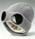 Ribbed Knit Goggle Beanie with Plush Lining - Grey